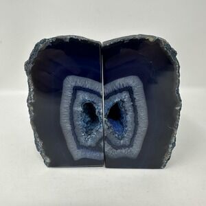 Blue Agate Geode Natural Stone Bookends Pair Polished Crystal Home Decor Desk
